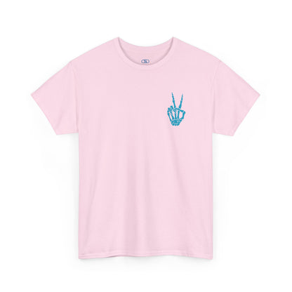 A [Light Pink] t-shirt with a skeletal peace sign on the front and the phrase “Have the day you deserve” with a large skeletal peace sign on the back.