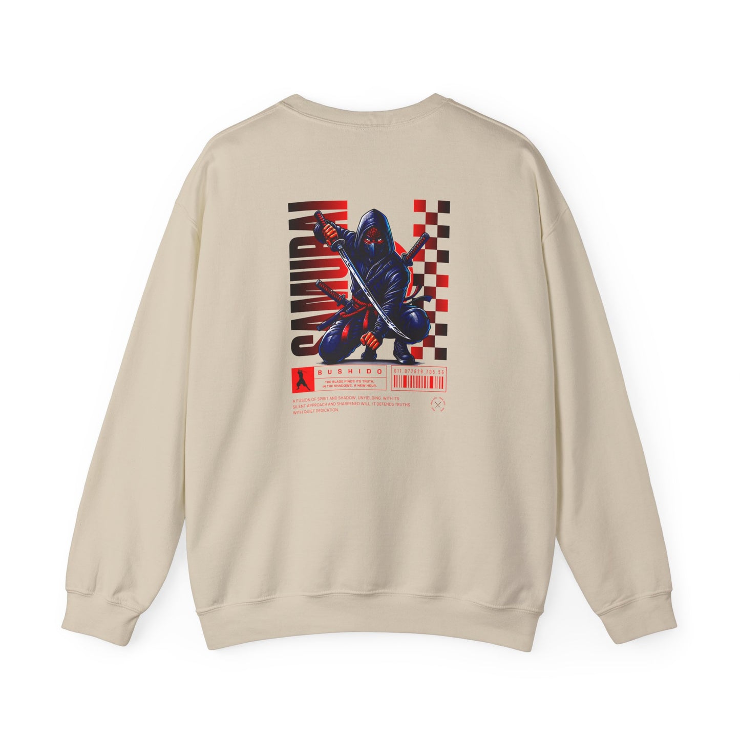 A sand colored sweatshirt featuring a Crouching ninja with two katanas and "Bushido" text, red and black Japanese-inspired sweatshirt design.