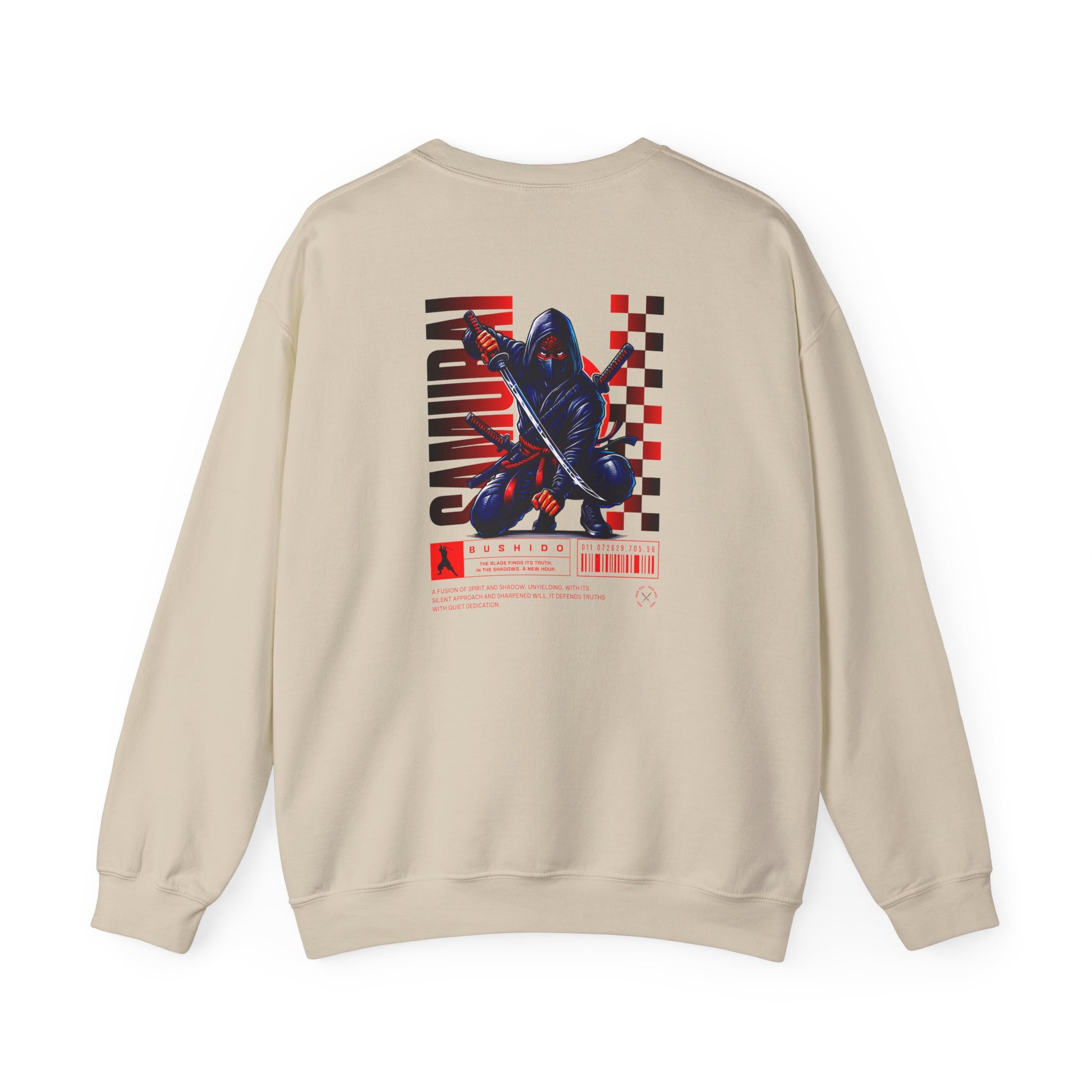A sand colored sweatshirt featuring a Crouching ninja with two katanas and "Bushido" text, red and black Japanese-inspired sweatshirt design.