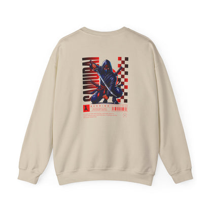 A sand colored sweatshirt featuring a Crouching ninja with two katanas and "Bushido" text, red and black Japanese-inspired sweatshirt design.