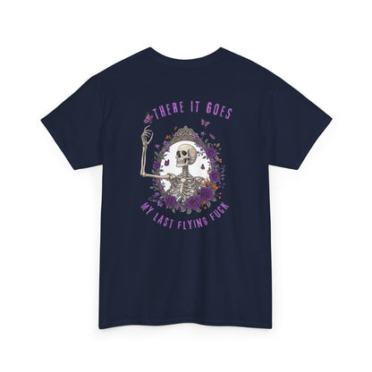 A navy t-shirt with a skeleton hand flipping its middle finger on the front surrounded by vines, roses, & butterflies, and a full skeleton design on the back with the phrase “My Last Flying Fuck.”