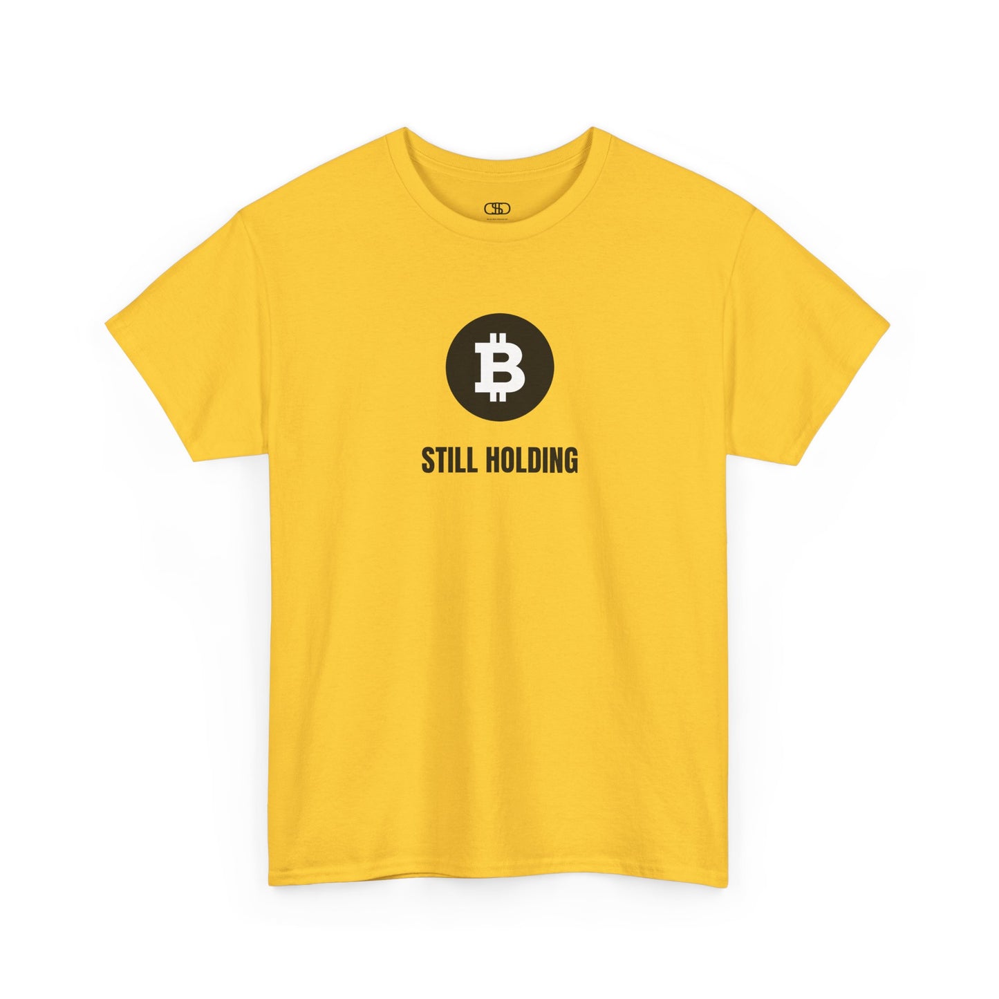 A daisy yellow T-shirt with a Bitcoin emblem and "Still Holding" text in black.