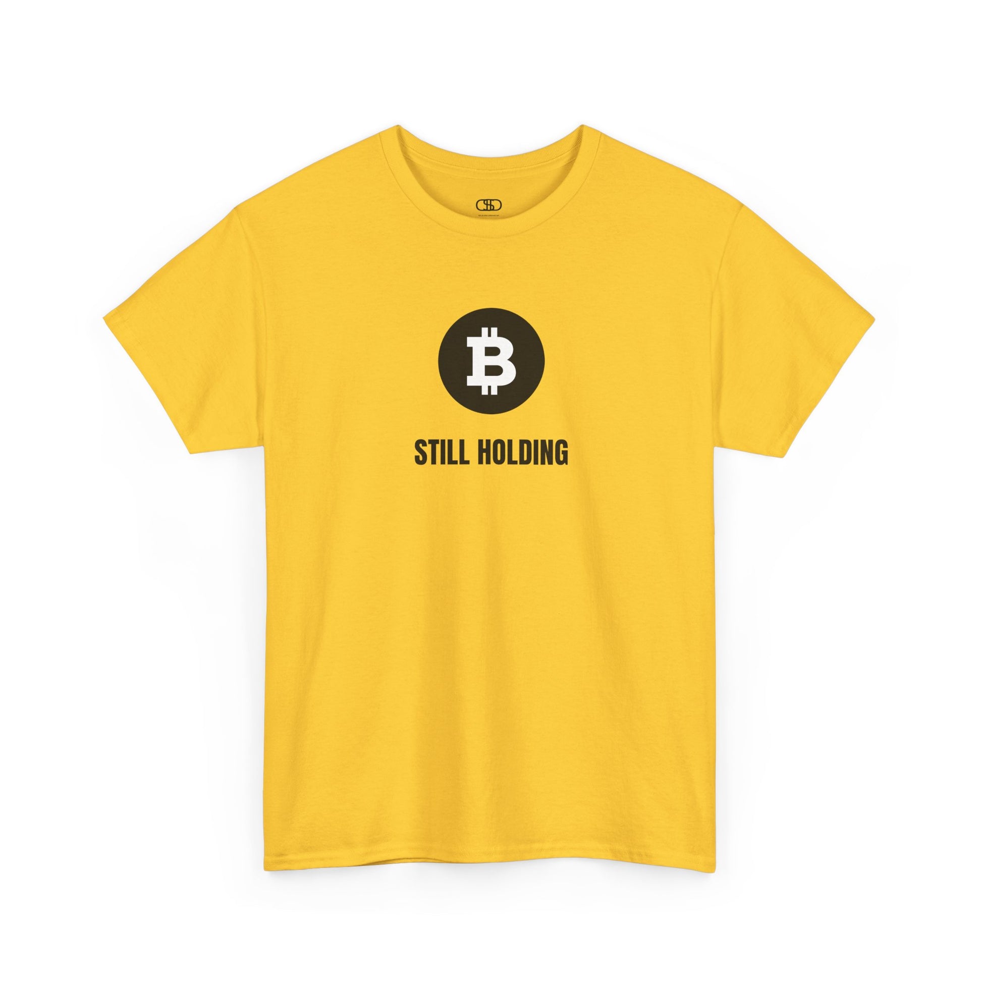 A daisy yellow T-shirt with a Bitcoin emblem and "Still Holding" text in black.