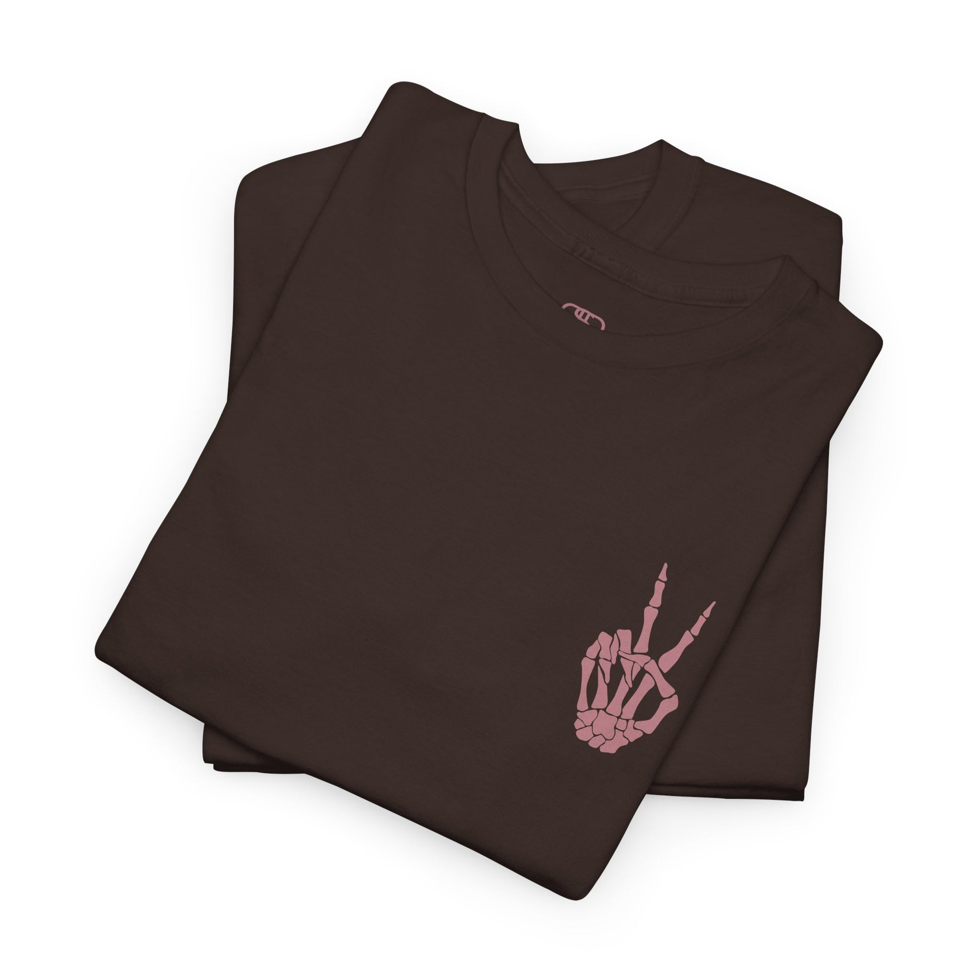 A [folded dark brown] t-shirt with a skeletal peace sign on the front and the phrase “Have the day you deserve” with a large skeletal peace sign on the back.