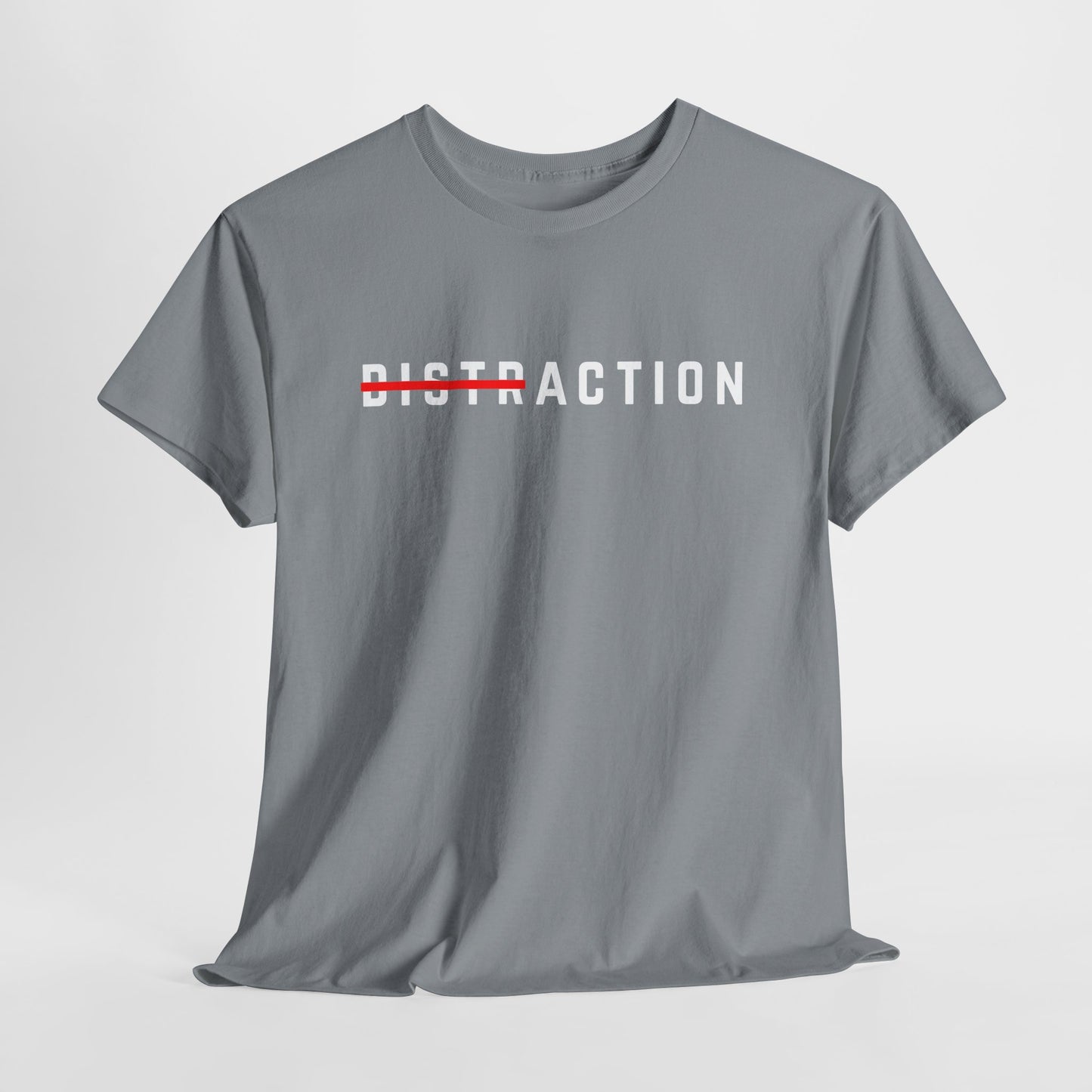 A minimalist t-shirt featuring the word "Distraction" with the 'Dist' part crossed out, emphasizing the word 'Action' in a bold font.