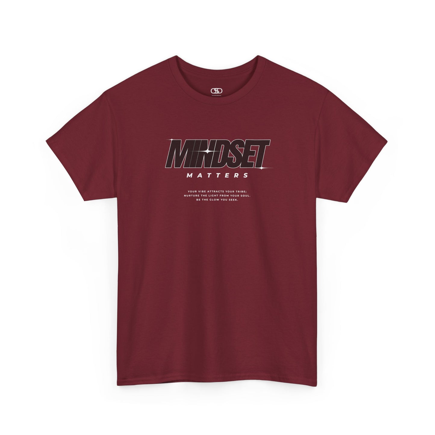 A garnet red T-shirt featuring text stating "Mindset Matters" text with stars on a t-shirt, inspirational quote below.