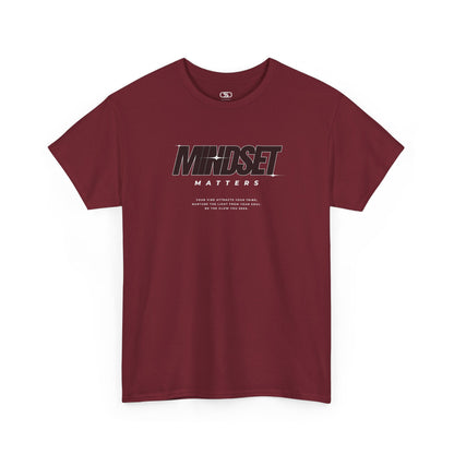 A garnet red T-shirt featuring text stating "Mindset Matters" text with stars on a t-shirt, inspirational quote below.