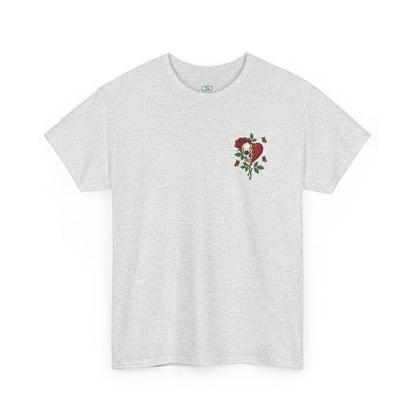 An ash gray t-shirt with a front design of a half skull, half broken heart, and a rose. The back reads "Gym Heals" in red.