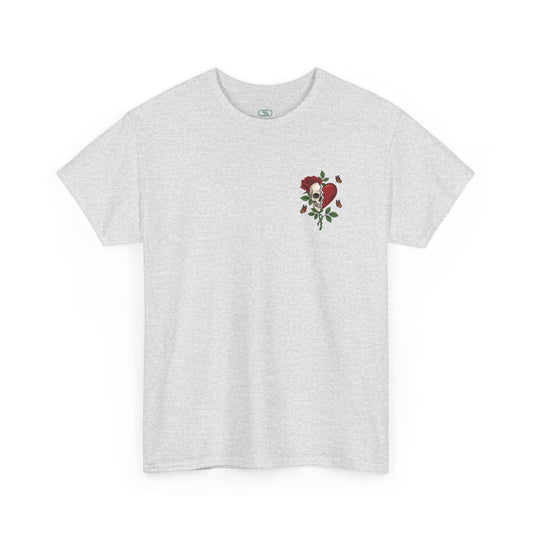An ash gray t-shirt with a front design of a half skull, half broken heart, and a rose. The back reads "Gym Heals" in red.