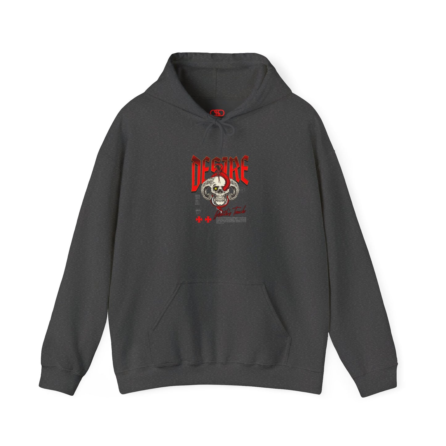 A heather gray hoodie featuring a Horned skull with glowing eye and red snake wrapped around it, "Desire Death's Touch" text, gothic hoodie design.