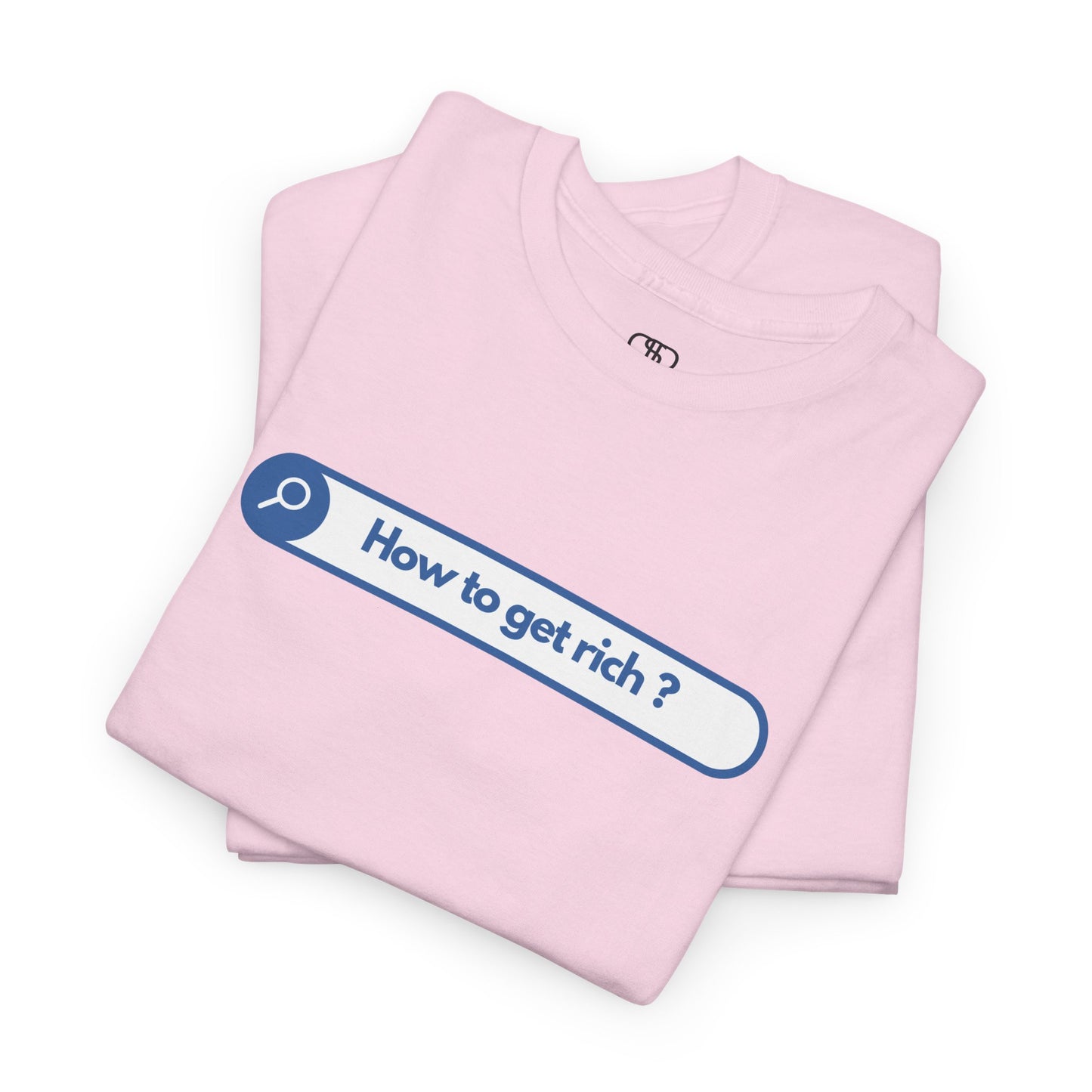 A Folded pink t-shirt with a search bar graphic and the text "How to get rich?" on a white background