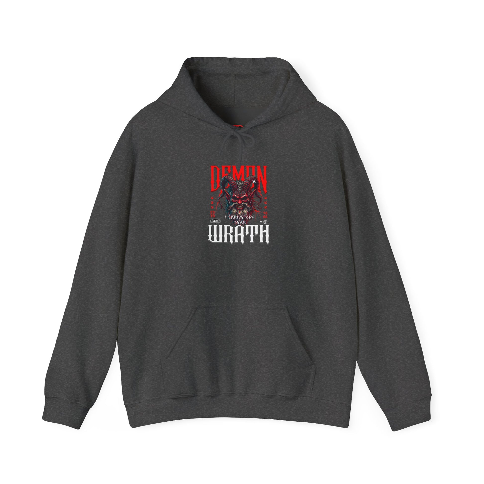 A heather gray hoodie featuring a Red horned demon head with "Demon Wrath" text and lightning, gothic horror apparel design.