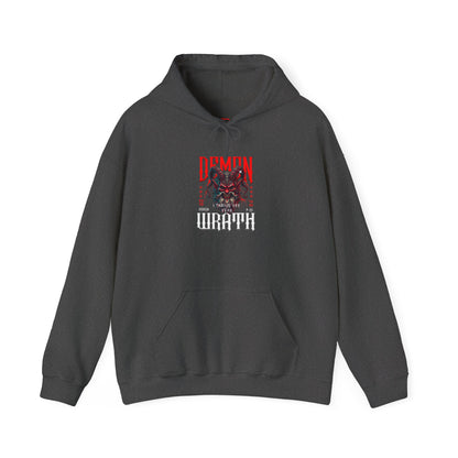 A heather gray hoodie featuring a Red horned demon head with "Demon Wrath" text and lightning, gothic horror apparel design.