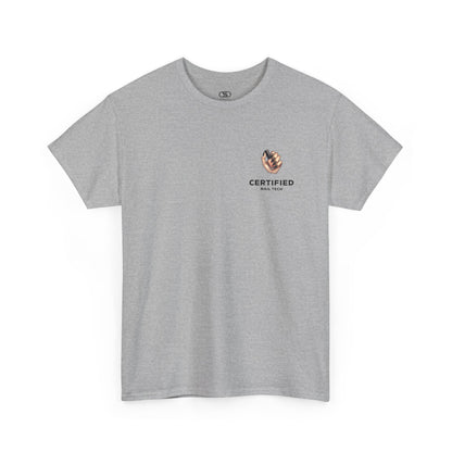 A Gray t-shirt with a hand graphic design holding nail polish with polished nails followed by the words Certified Nail Tech beneath it.
