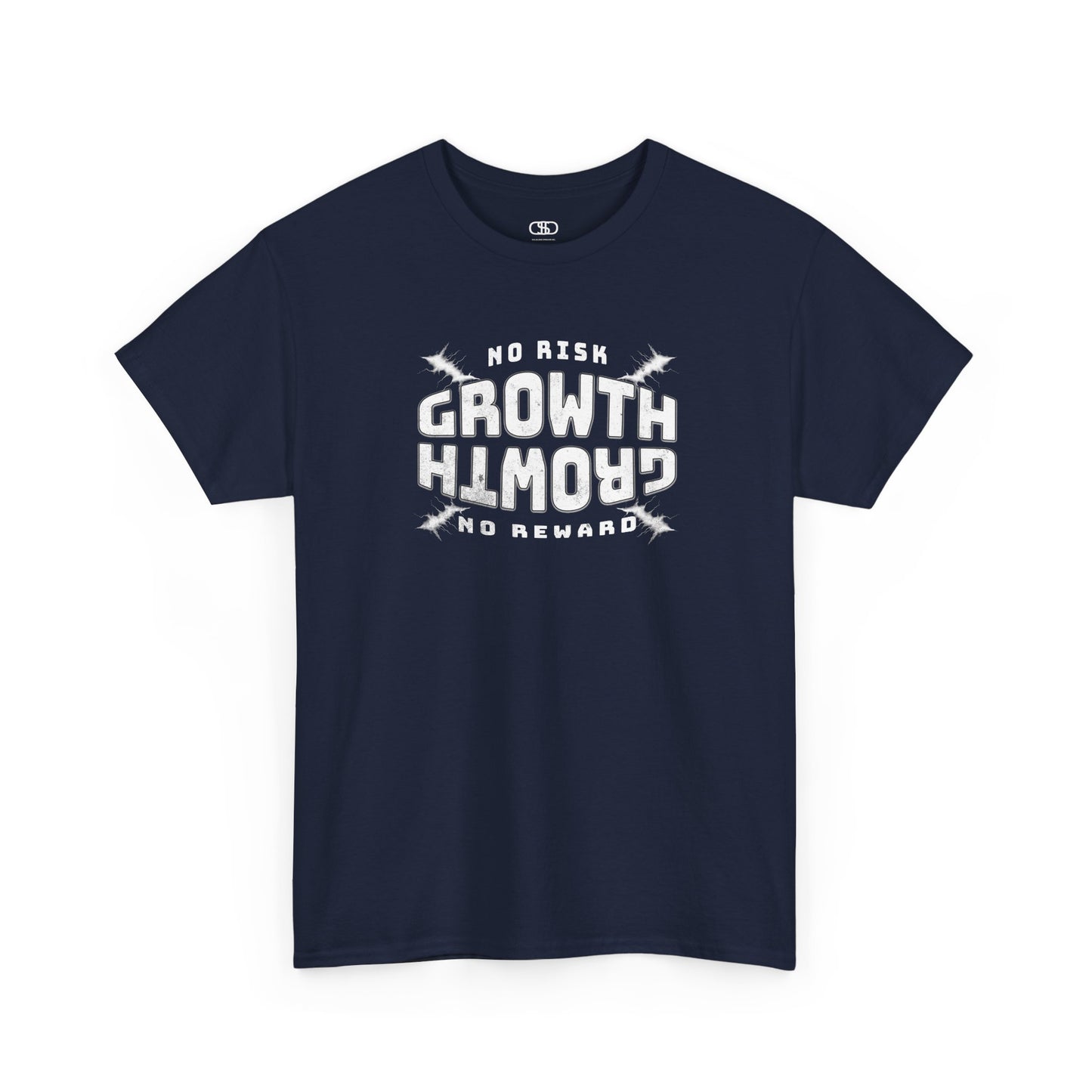 A navy distressed t-shirt "No Risk Growth No Reward" text on black t-shirt with splatters.