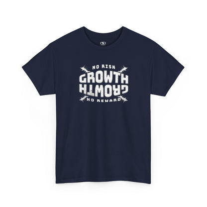 A navy distressed t-shirt "No Risk Growth No Reward" text on black t-shirt with splatters.