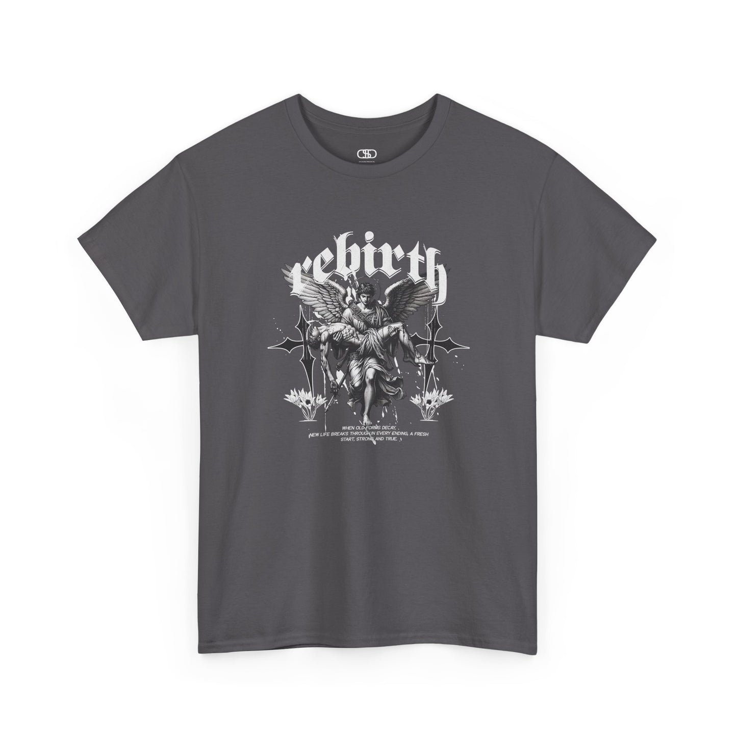 A charcoal T-shirt featuring a Angel carrying a figure with "Rebirth" text, white and black gothic spiritual art t-shirt.