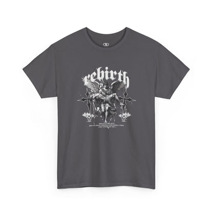 A charcoal T-shirt featuring a Angel carrying a figure with "Rebirth" text, white and black gothic spiritual art t-shirt.