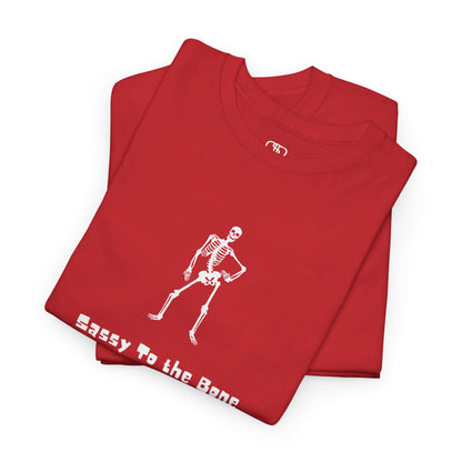 Folded Red T-shirt with a sassy skeleton graphic with hands on hips and "Sassy to the Bone" text in a cartoon font.