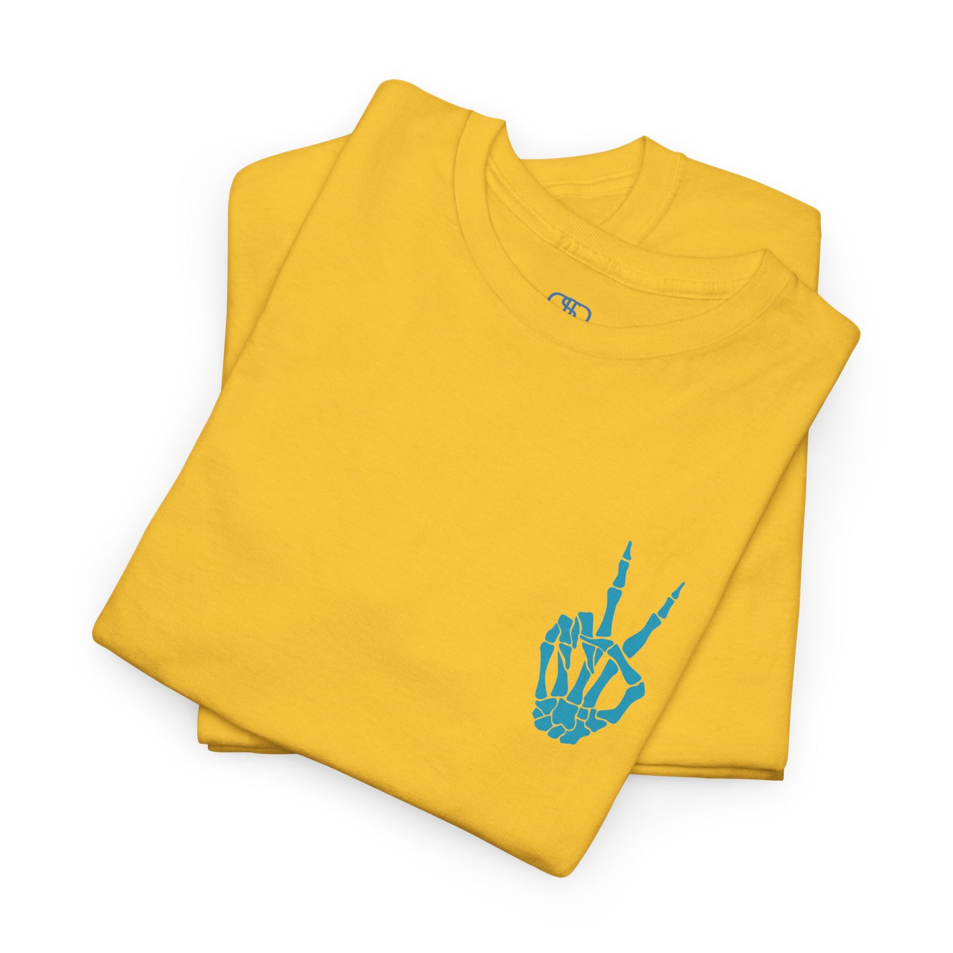 A [folded daisy] t-shirt with a skeletal peace sign on the front and the phrase “Have the day you deserve” with a large skeletal peace sign on the back.