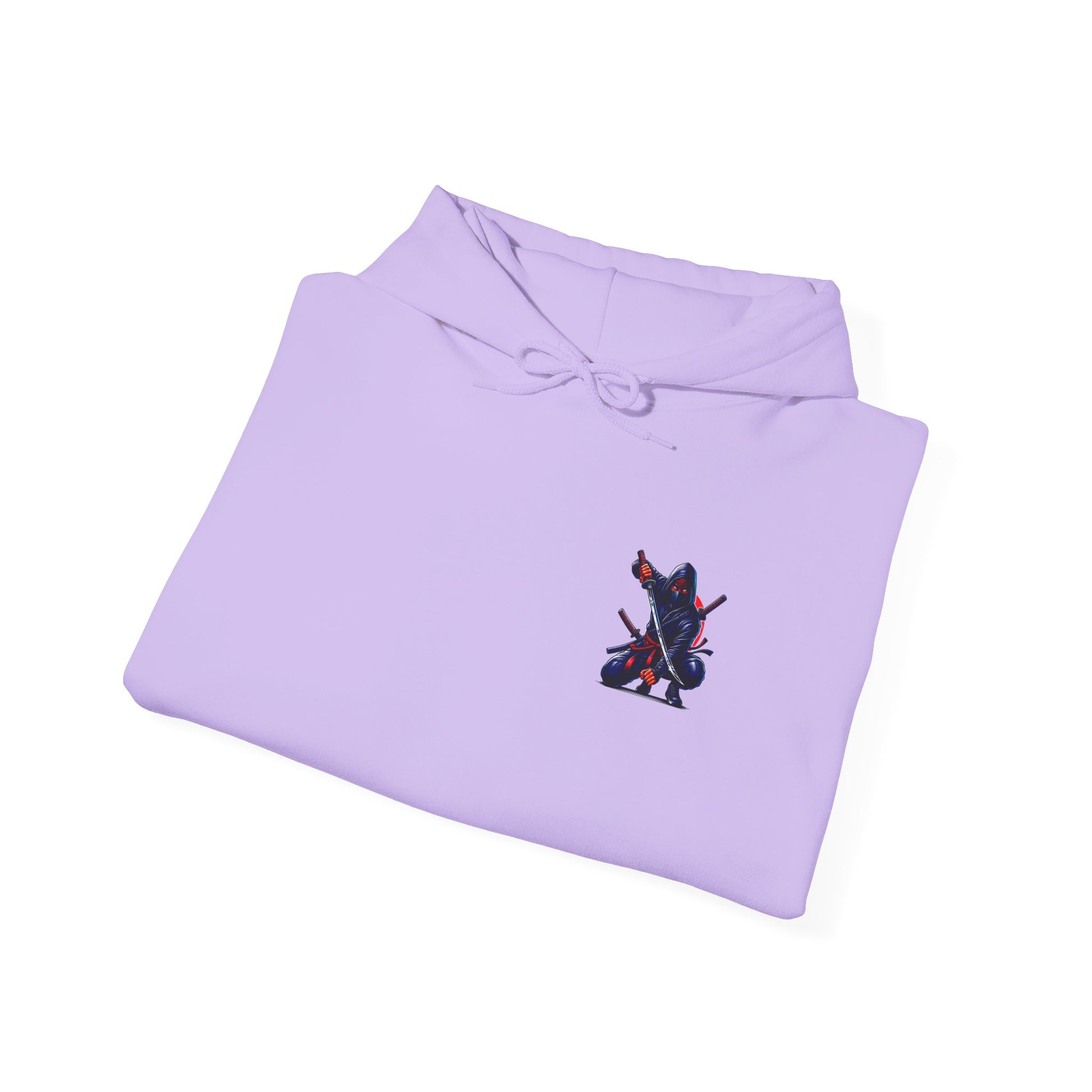 A folded purple orchid colored hoodie featuring a Crouching ninja with two katanas and "Bushido" text, red and black Japanese-inspired hoodie design.