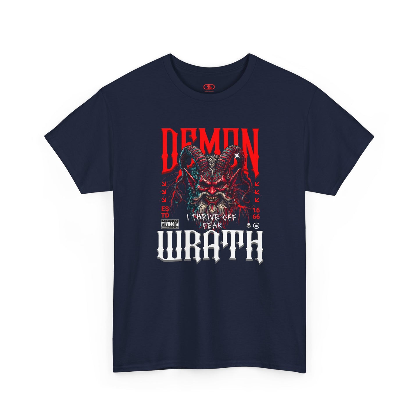 A navy blue t-shirt featuring a Red horned demon head with "Demon Wrath" text and lightning, gothic horror t-shirt design
