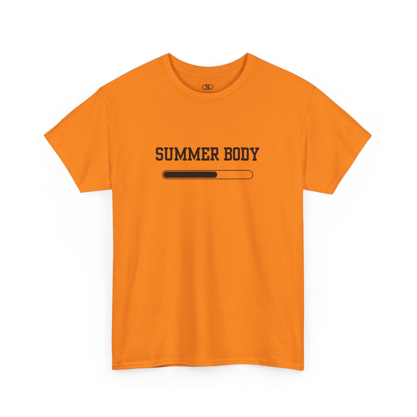 An orange t-shirt with a loading bar and “Summer Body” on the front and “I left my summer body at home I prefer not to show off” on the back.