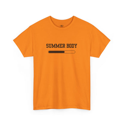 An orange t-shirt with a loading bar and “Summer Body” on the front and “I left my summer body at home I prefer not to show off” on the back.