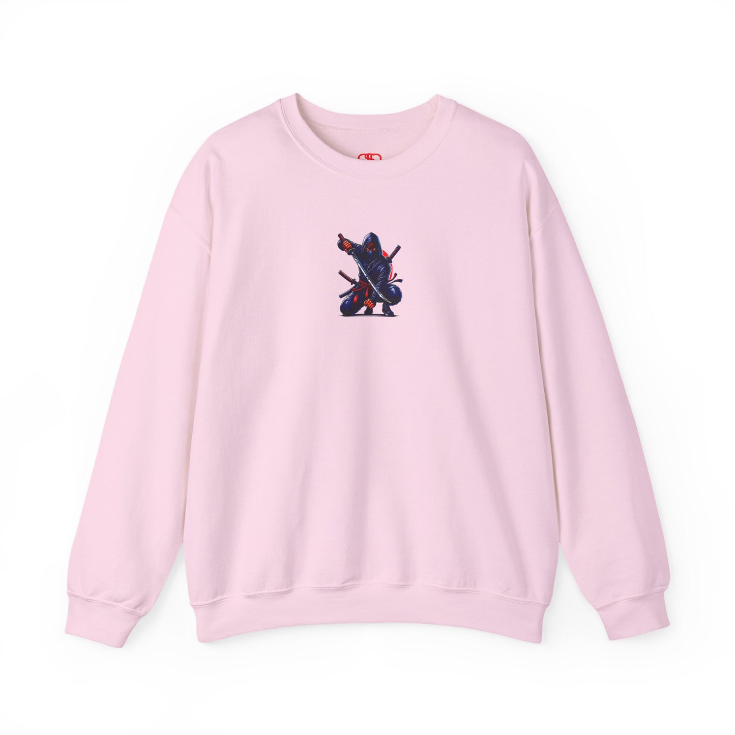 A light pink sweatshirt featuring a Crouching ninja with two katanas and "Bushido" text, red and black Japanese-inspired sweatshirt design.