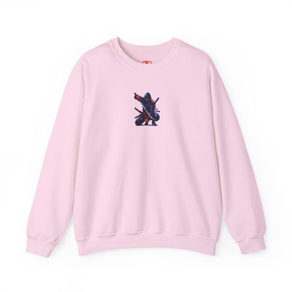A light pink sweatshirt featuring a Crouching ninja with two katanas and "Bushido" text, red and black Japanese-inspired sweatshirt design.