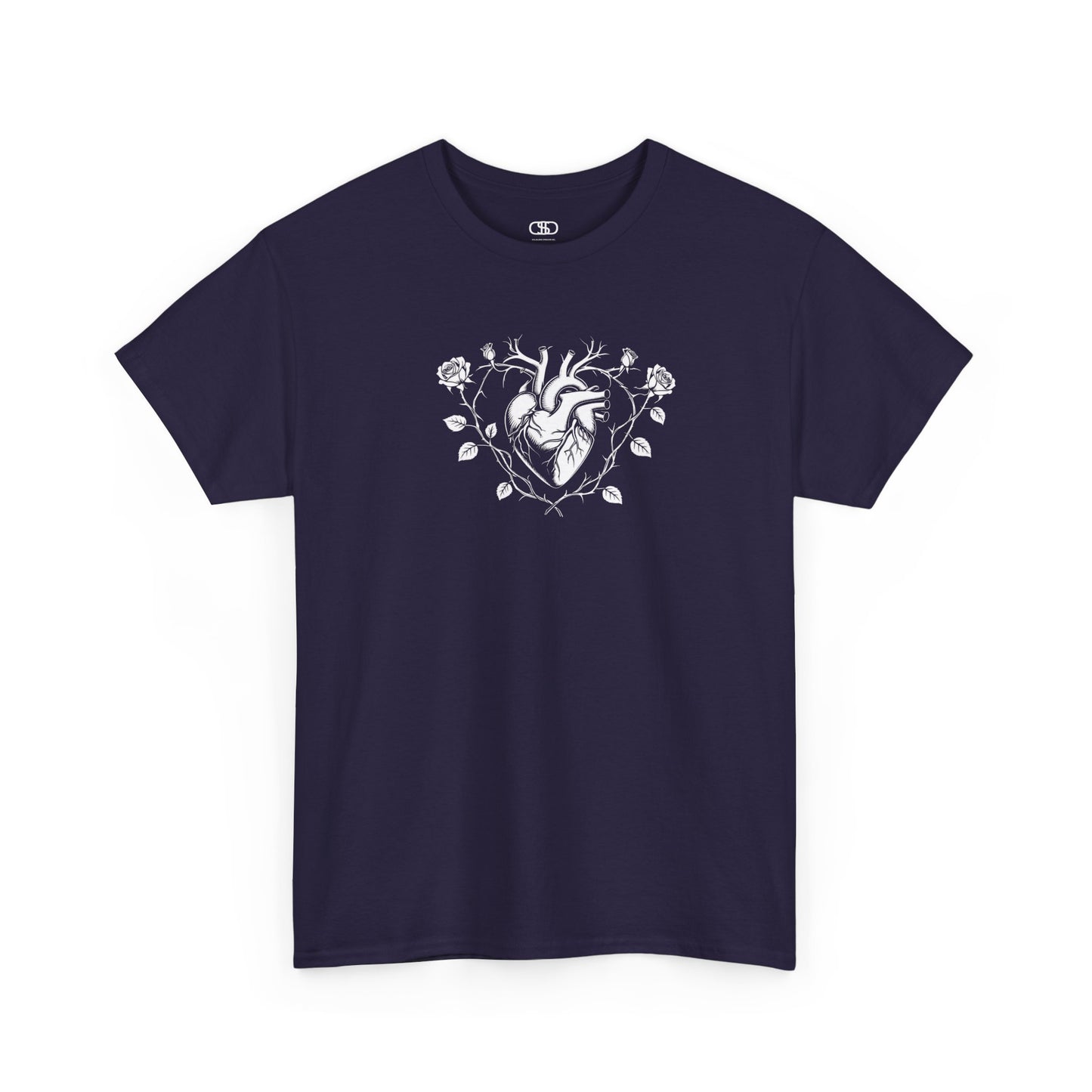 A t-shirt with a heart surrounded by thorn vines, red roses, and green leaves graphic.
