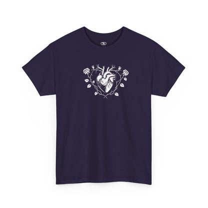 A t-shirt with a heart surrounded by thorn vines, red roses, and green leaves graphic.