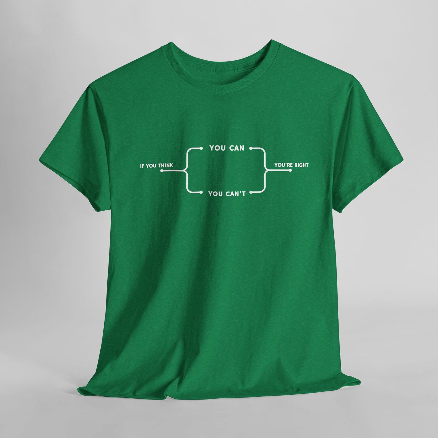  A t-shirt with a motivational flowchart design. It starts with "If you think..." which leads via arrows to two paths, "You can" and "You can't." Both paths converge at the bottom with the concluding phrase, "you are right."