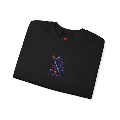 A folded black sweatshirt featuring a Crouching ninja with two katanas and "Bushido" text, red and black Japanese-inspired sweatshirt design.