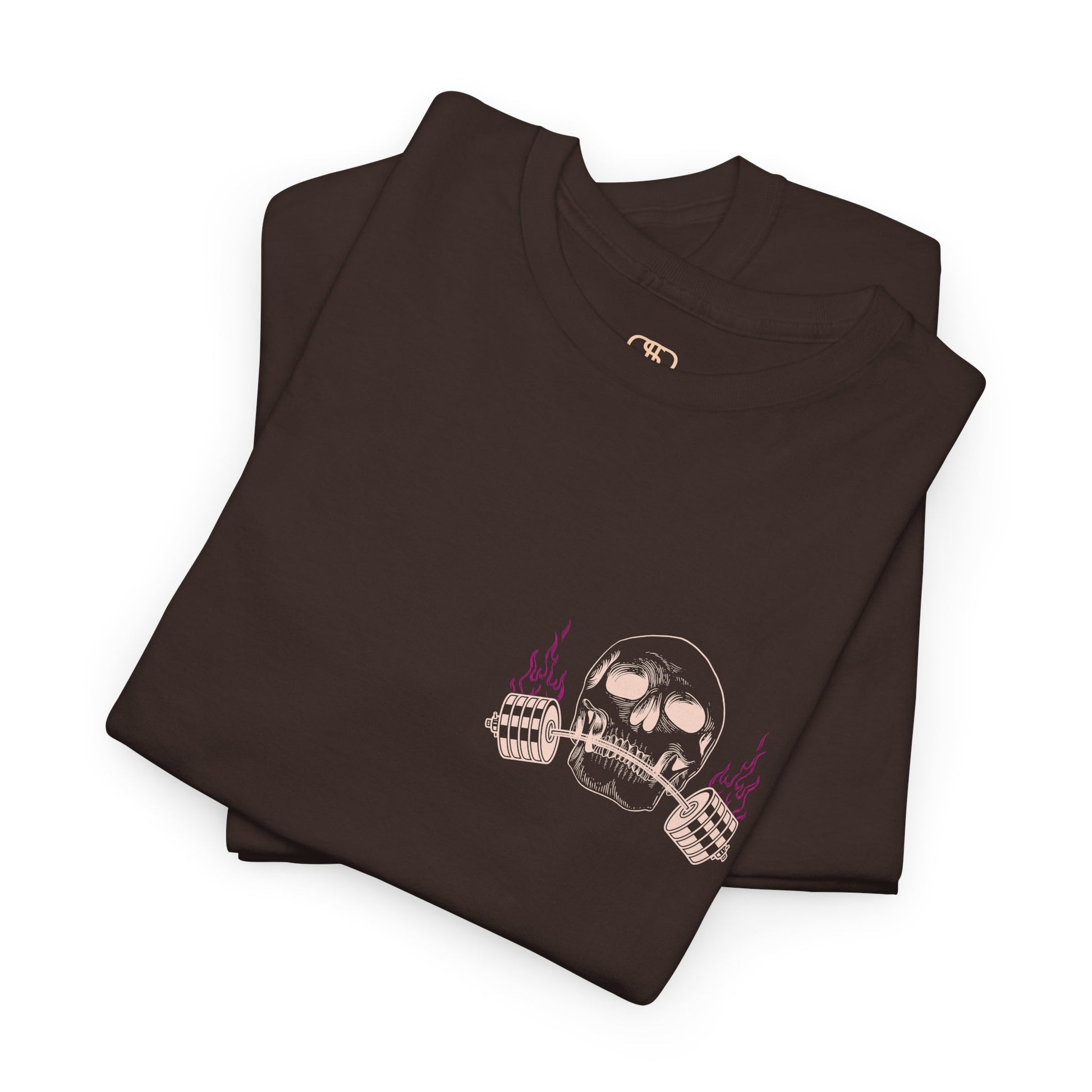A folded dark brown t-shirt with a skull lifting a barbell on the front and the words “Gym Therapy In Session” with the same skull on the back.