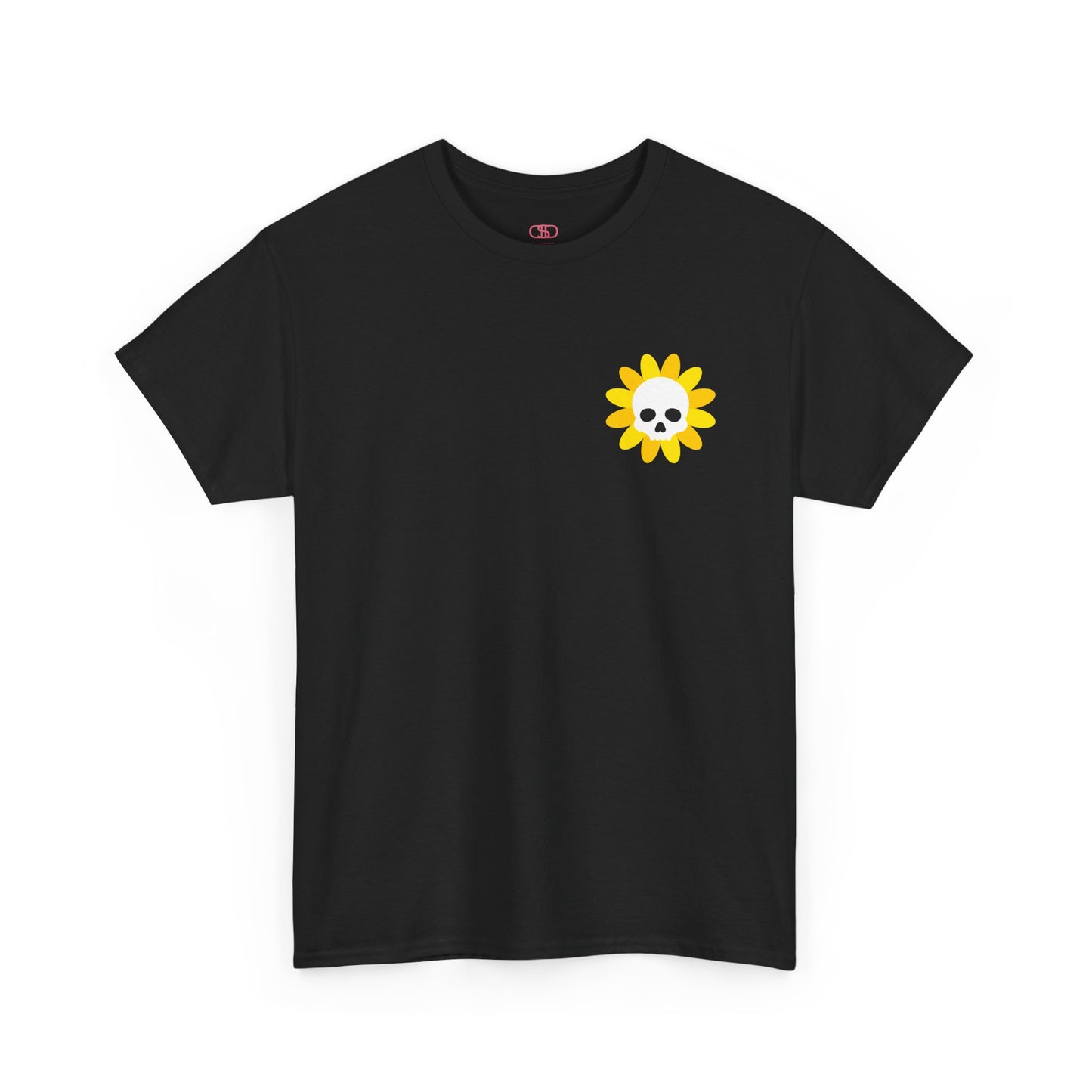  A [black] t-shirt featuring a sunflower with a skull at its center on the front and the words “i COULD DEADLIFT YOU” in a retro font on the back.