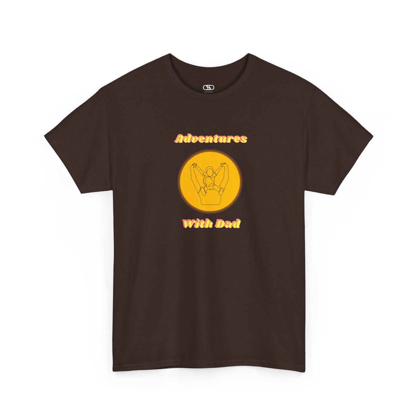 A dark brown T-shirt with a graphic of a dad holding a child's hands on their shoulders and "Adventures With Dad" text.