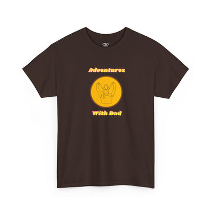 A dark brown T-shirt with a graphic of a dad holding a child's hands on their shoulders and "Adventures With Dad" text.