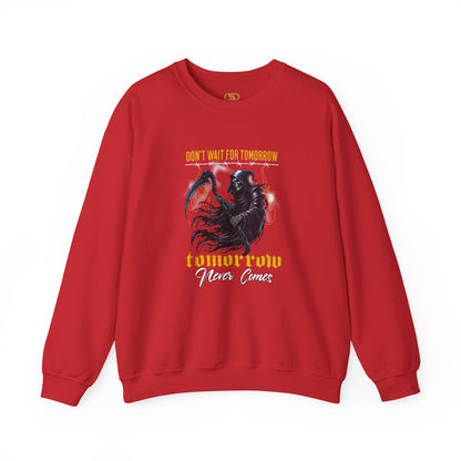 A red sweatshirt featuring a Grim Reaper holding scythe with "Don't Wait For Tomorrow Tomorrow Never Comes" text, dark gothic sweatshirt design.