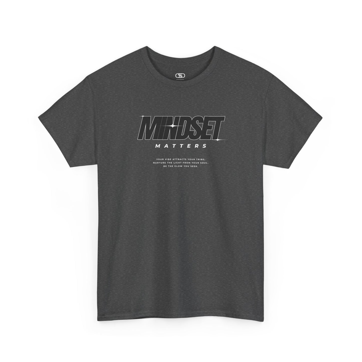 A dark heath gray T-shirt featuring text stating "Mindset Matters" text with stars on a t-shirt, inspirational quote below.