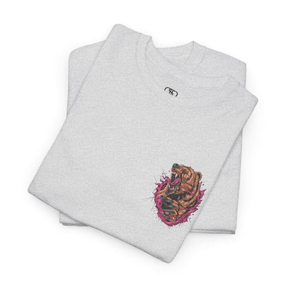 A folded ash gray T-shirt with a graphic of a raging bear ripping through the fabric, growling, with claws out and red eyes.