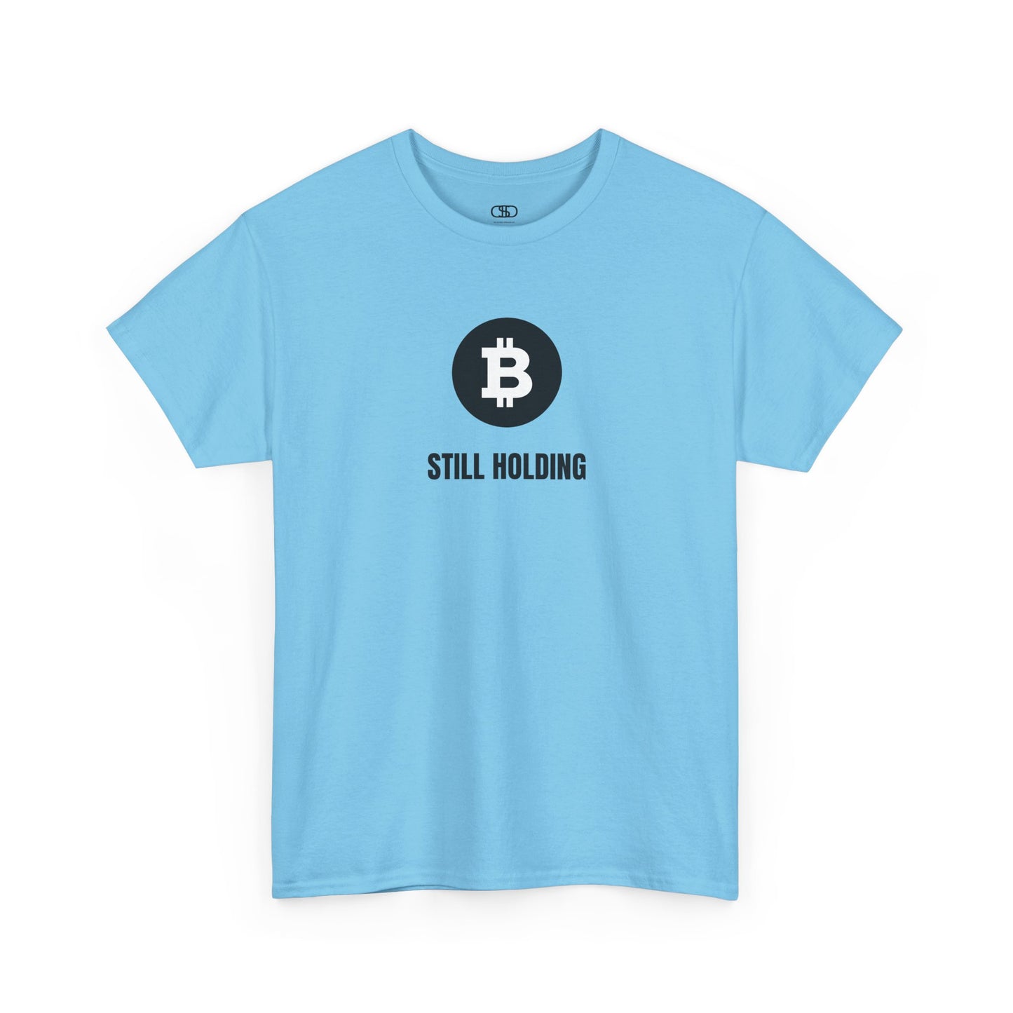 A SKY BLUE T-shirt with a Bitcoin emblem and "Still Holding" text in black.