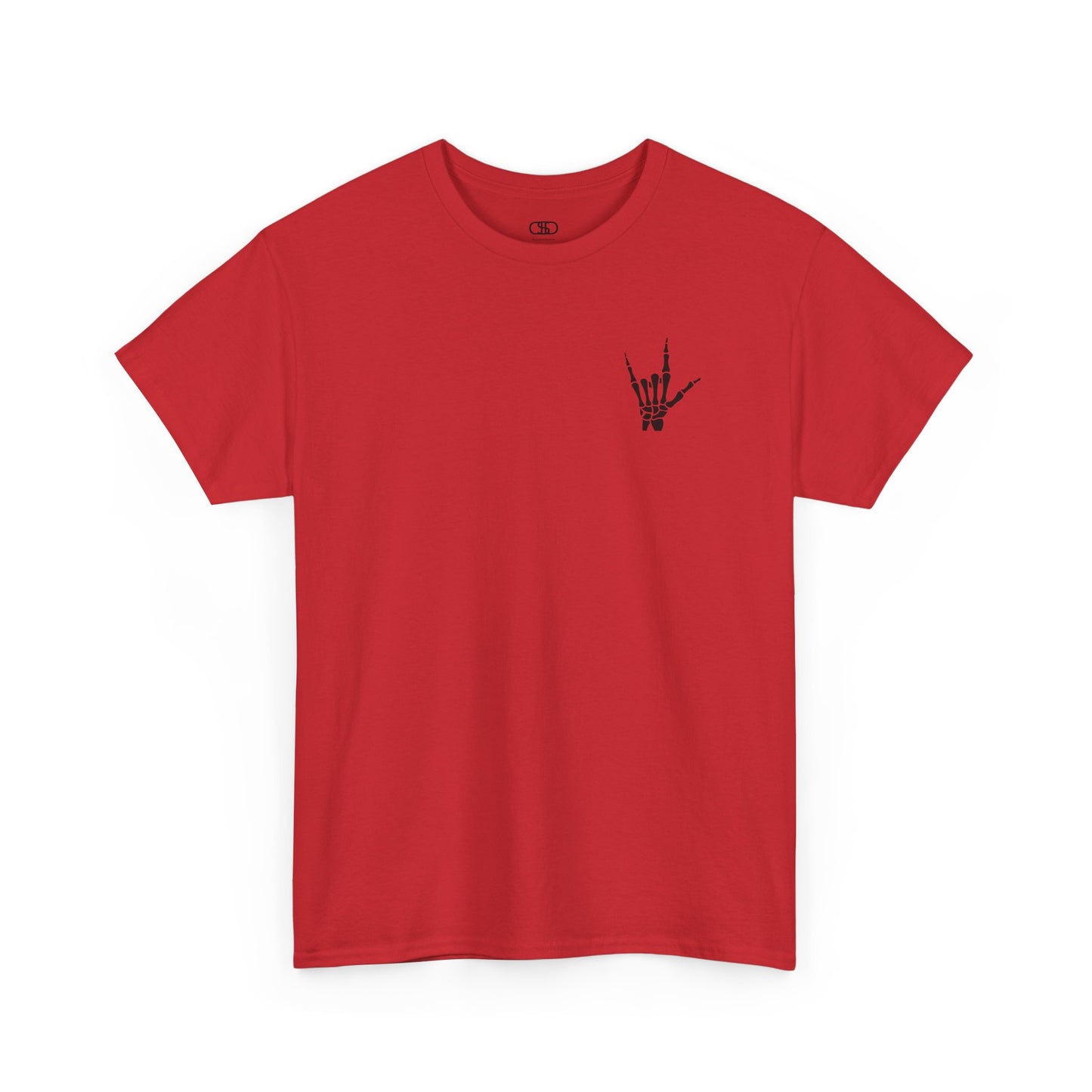 A red t-shirt with small rock hand symbol on front, and "Rules.. Never Heard of Them" graffiti text on the back.