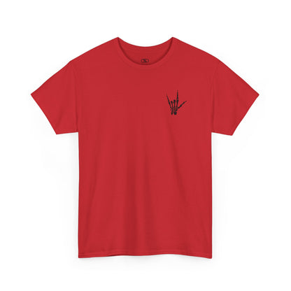 A red t-shirt with small rock hand symbol on front, and "Rules.. Never Heard of Them" graffiti text on the back.