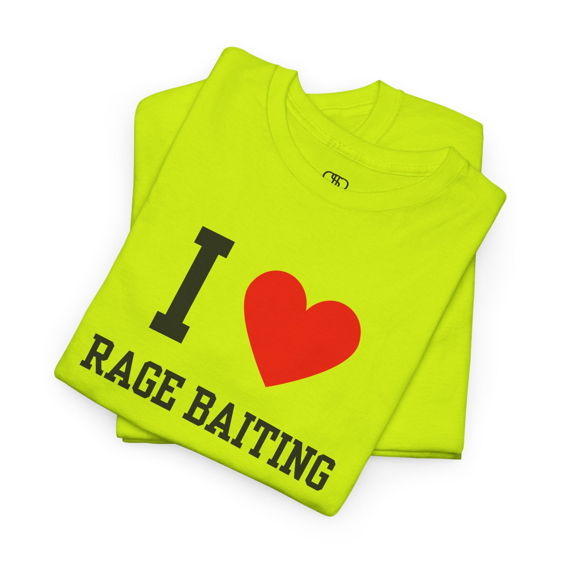 A folded safety green t-shirt featuring the classic "I Love" graphic style with the text "I," a red heart, and the words "Rage Baiting" below it.
