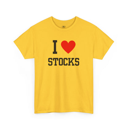 A daisy colored t-shirt displaying the text "I," a red heart graphic symbolizing love, and the word "Stocks" in a classic, bold typeface.