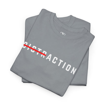A folded A minimalist t-shirt featuring the word "Distraction" with the 'Dist' part crossed out, emphasizing the word 'Action' in a bold font.