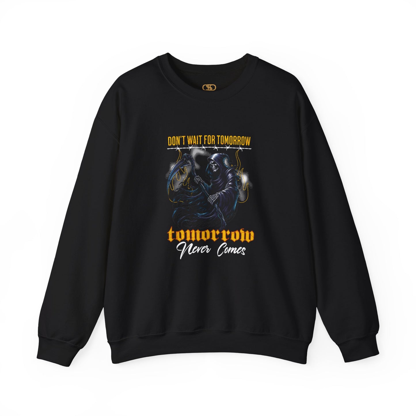 A black sweatshirt featuring a Grim Reaper holding scythe with "Don't Wait For Tomorrow Tomorrow Never Comes" text, dark gothic sweatshirt design.