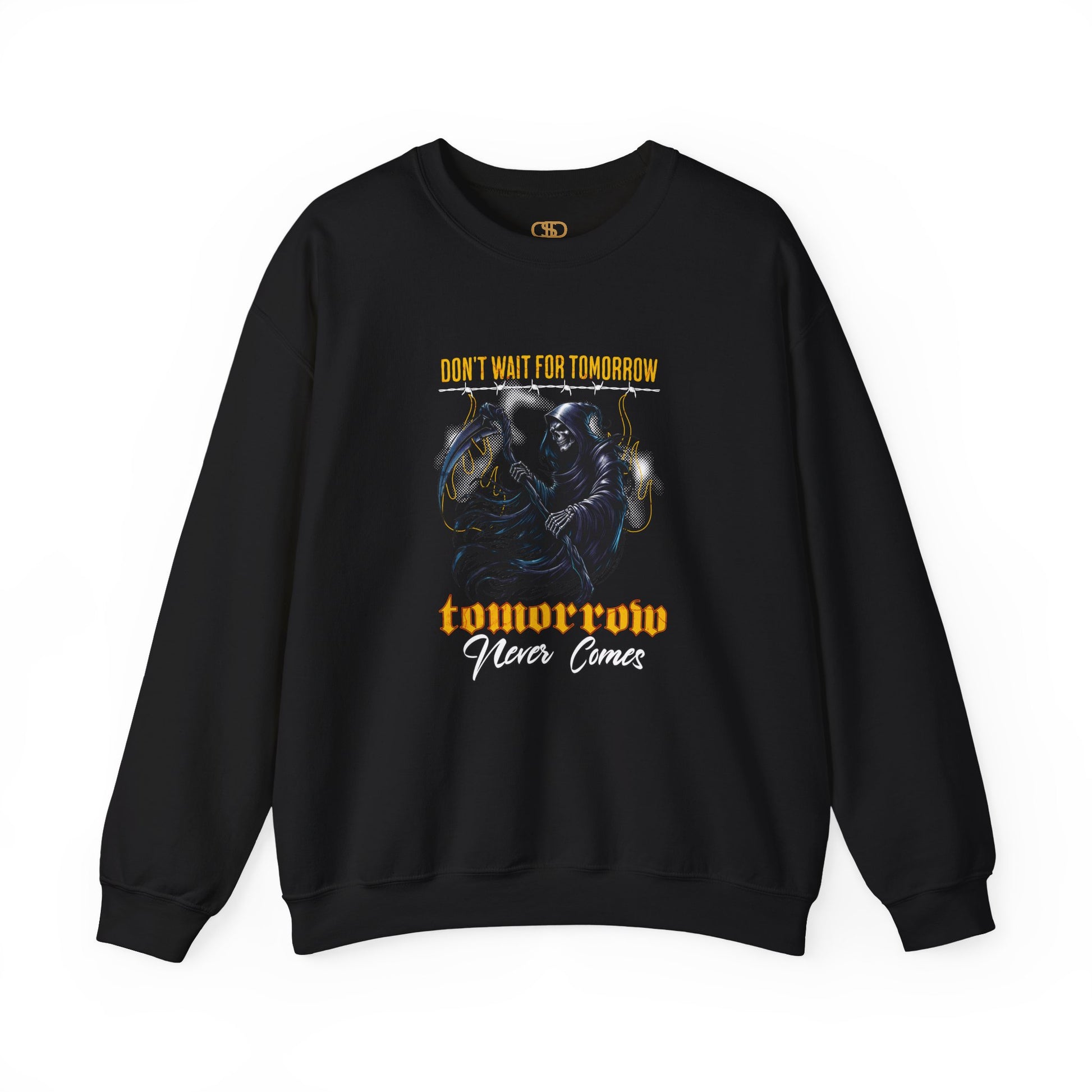 A black sweatshirt featuring a Grim Reaper holding scythe with "Don't Wait For Tomorrow Tomorrow Never Comes" text, dark gothic sweatshirt design.