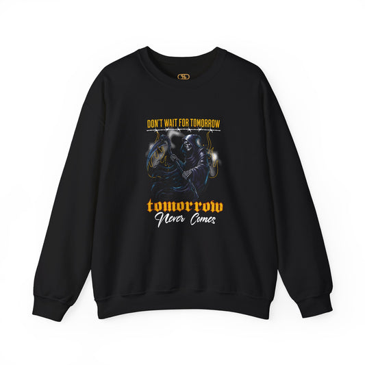 A black sweatshirt featuring a Grim Reaper holding scythe with "Don't Wait For Tomorrow Tomorrow Never Comes" text, dark gothic sweatshirt design.
